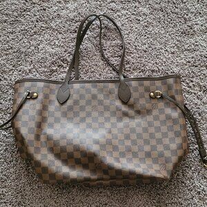 Louis Vuitton Neverfull MM tote bag in Damier Ebene canvas with brown leather tr